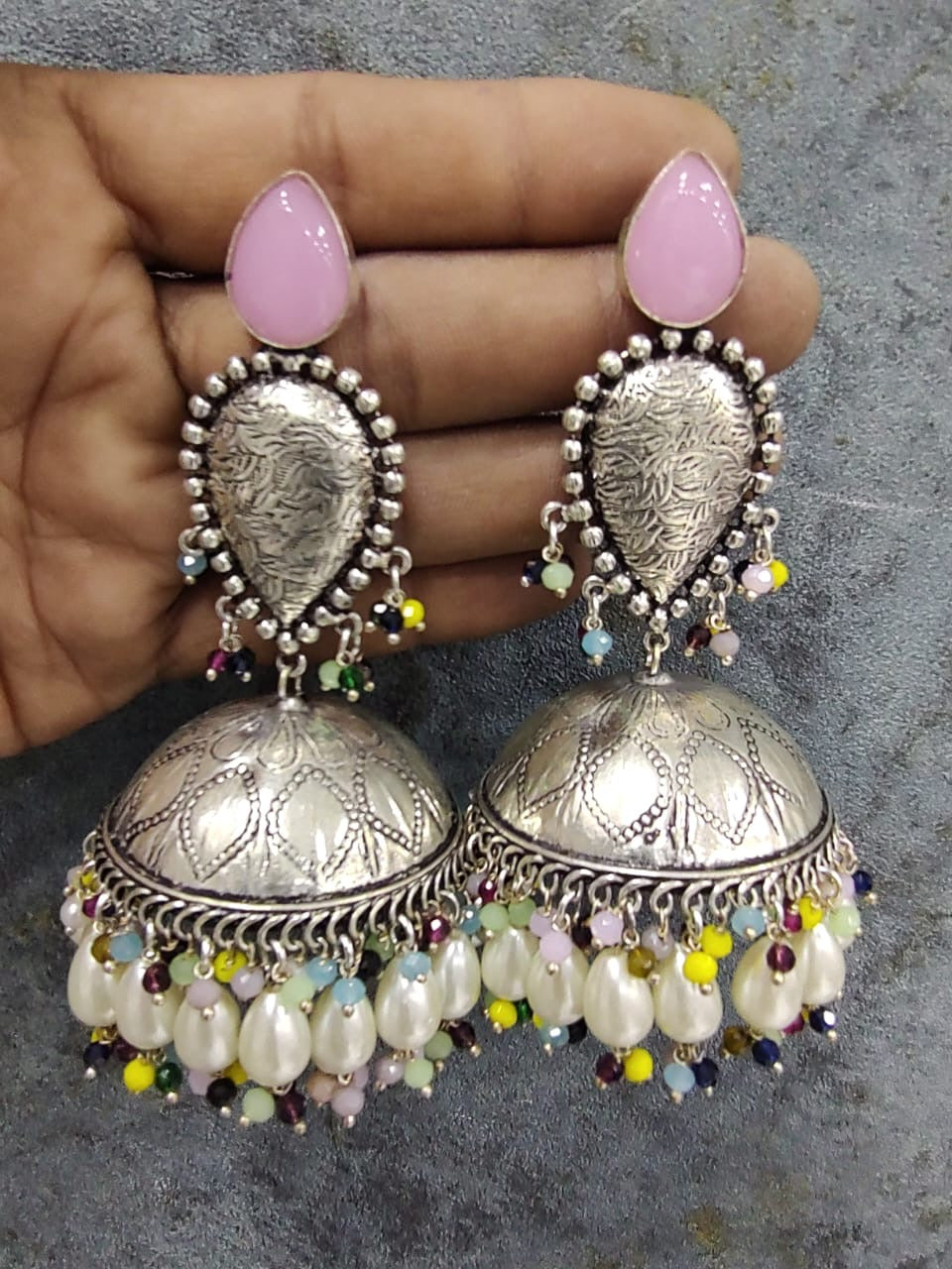 Silver Oxidized Jhumkas - 10102 - 8