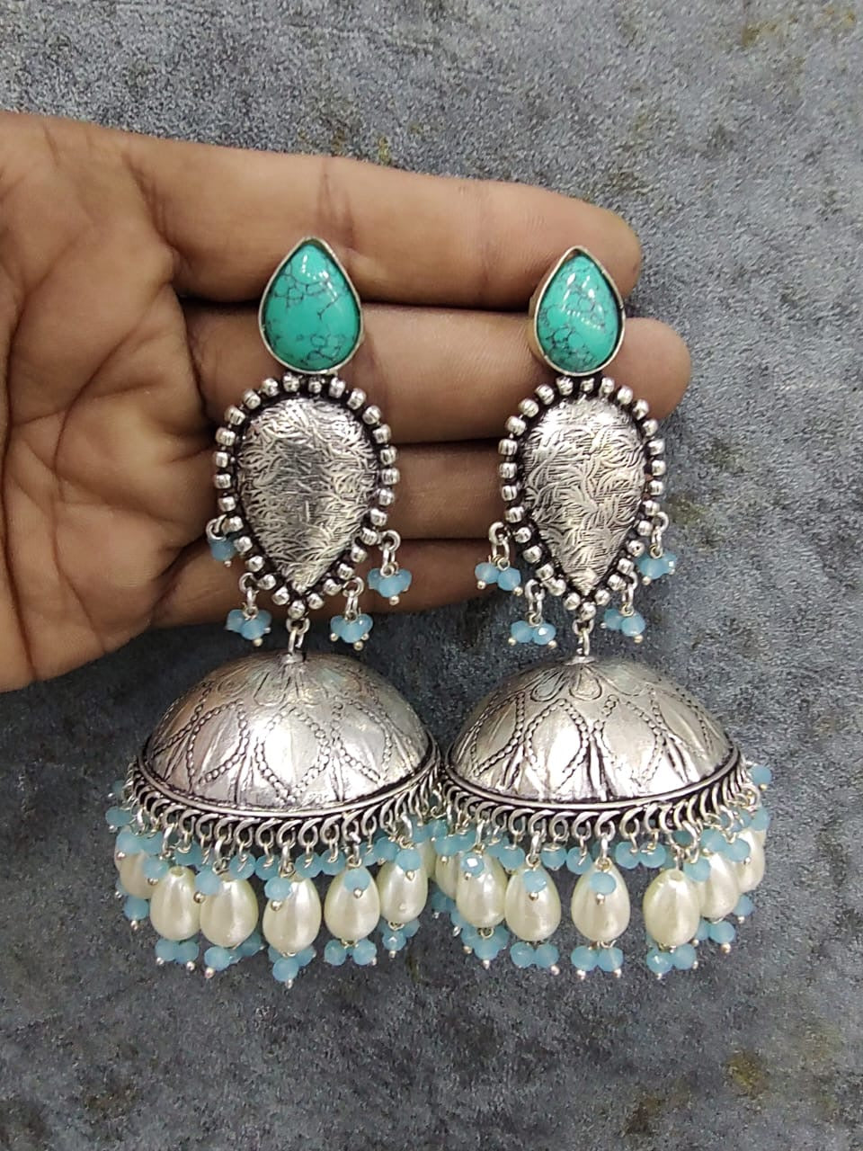 Silver Oxidized Jhumkas - 10102 - 8