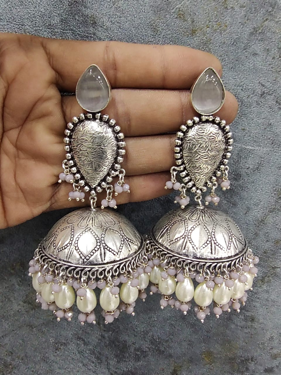 Silver Oxidized Jhumkas - 10102 - 8