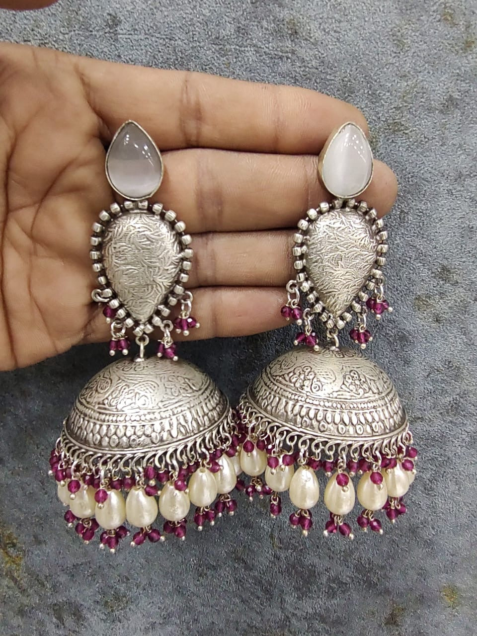 Silver Oxidized Jhumkas - 10102 - 8