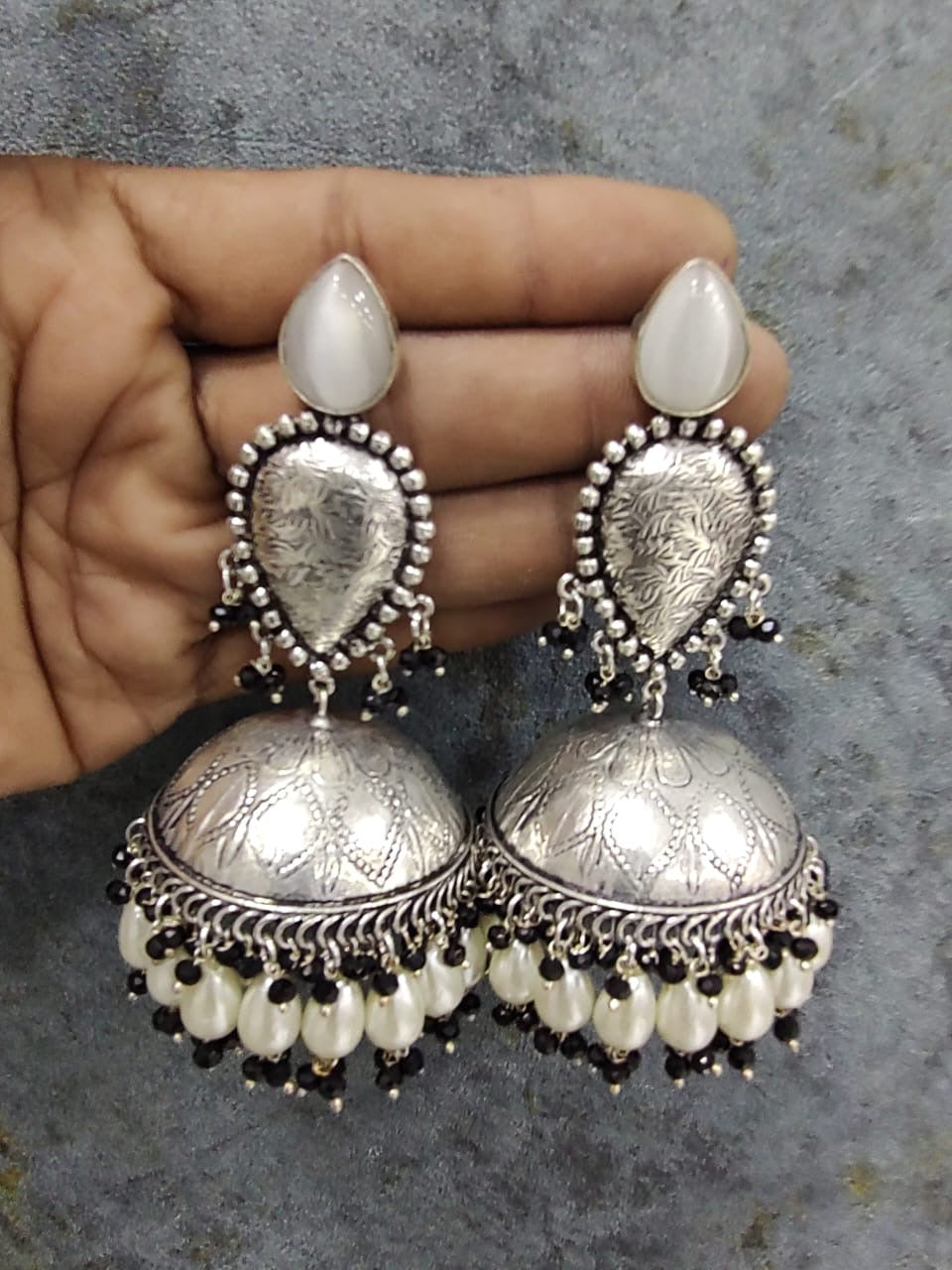 Silver Oxidized Jhumkas - 10102 - 8